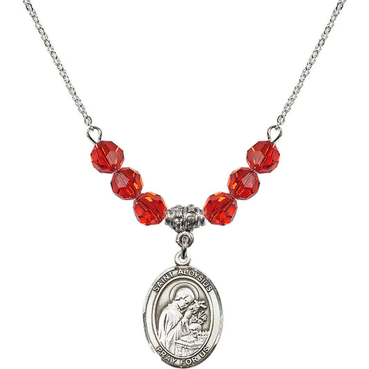 Sterling Silver Saint Aloysius Gonzaga Birthstone Necklace with Ruby Beads - 8225