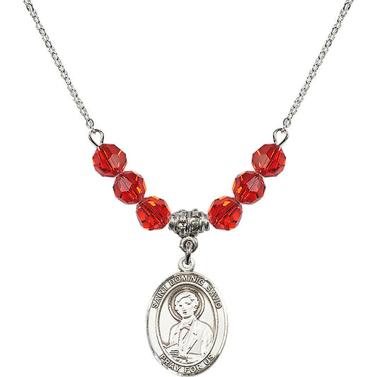 Sterling Silver Saint Dominic Savio Birthstone Necklace with Ruby Beads - 8227