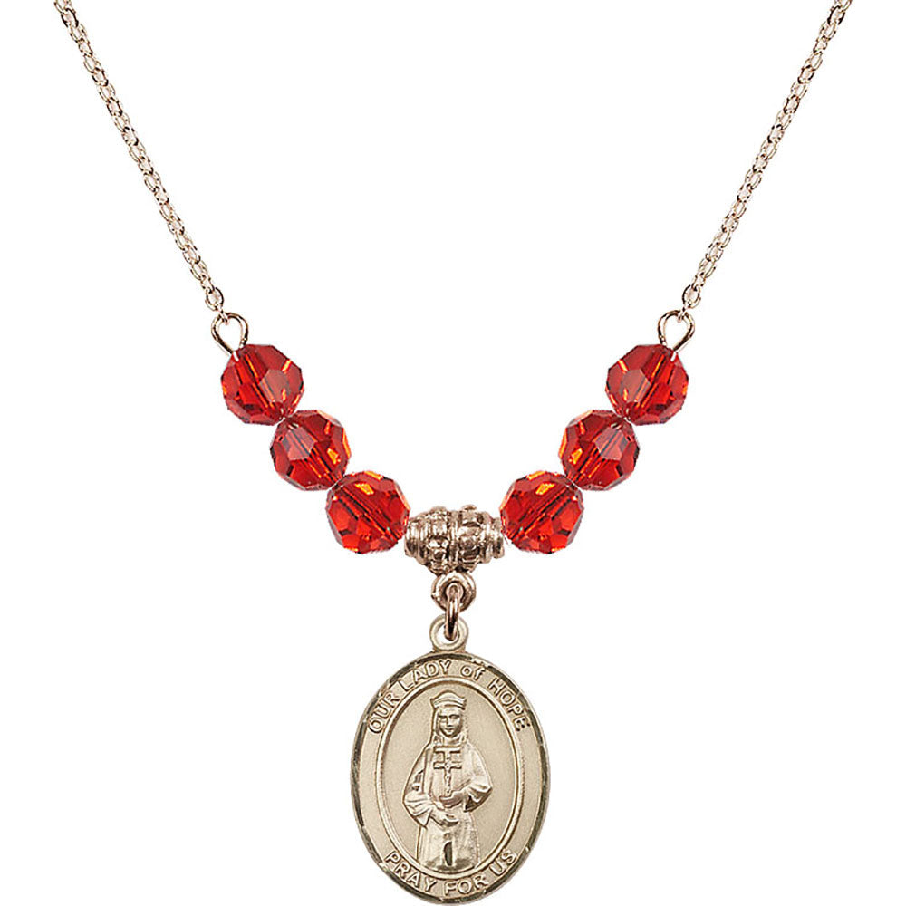 14kt Gold Filled Our Lady of Hope Birthstone Necklace with Ruby Beads - 8230