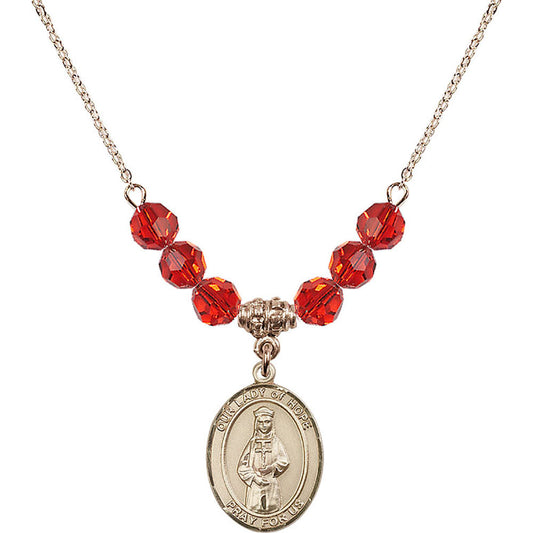 14kt Gold Filled Our Lady of Hope Birthstone Necklace with Ruby Beads - 8230