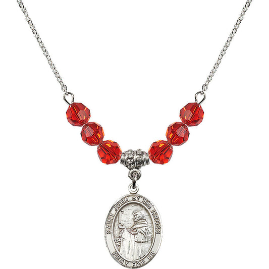 Sterling Silver Saint John of the Cross Birthstone Necklace with Ruby Beads - 8231