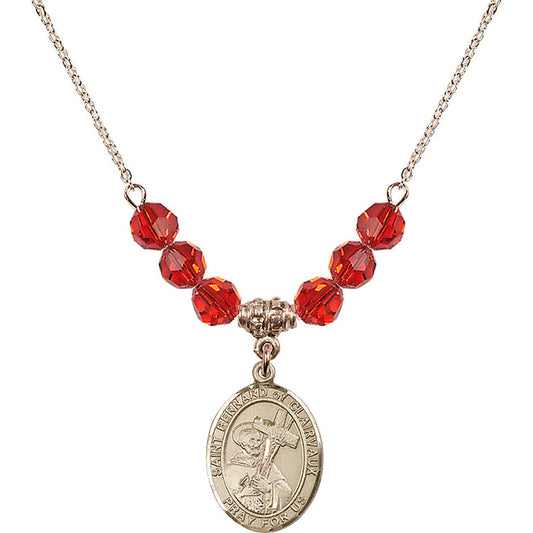 14kt Gold Filled Saint Bernard of Clairvaux Birthstone Necklace with Ruby Beads - 8233