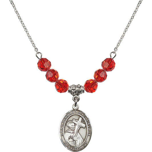 Sterling Silver Saint Bernard of Clairvaux Birthstone Necklace with Ruby Beads - 8233