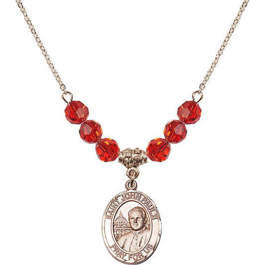 14kt Gold Filled Saint John Paul II Birthstone Necklace with Ruby Beads - 8234