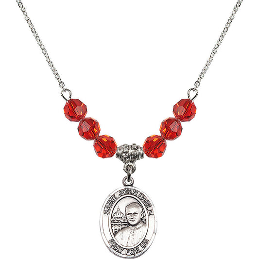 Sterling Silver Saint John Paul II Birthstone Necklace with Ruby Beads - 8234