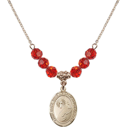 14kt Gold Filled Footprints / Cross Birthstone Necklace with Ruby Beads - 8237