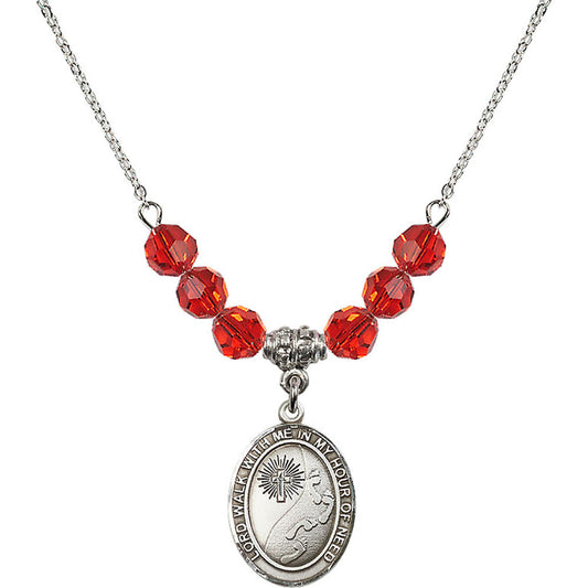 Sterling Silver Footprints / Cross Birthstone Necklace with Ruby Beads - 8237