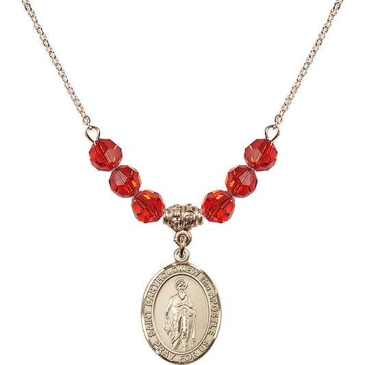 14kt Gold Filled Saint Bartholomew the Apostle Birthstone Necklace with Ruby Beads - 8238
