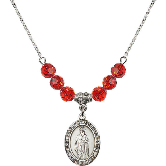 Sterling Silver Saint Bartholomew the Apostle Birthstone Necklace with Ruby Beads - 8238