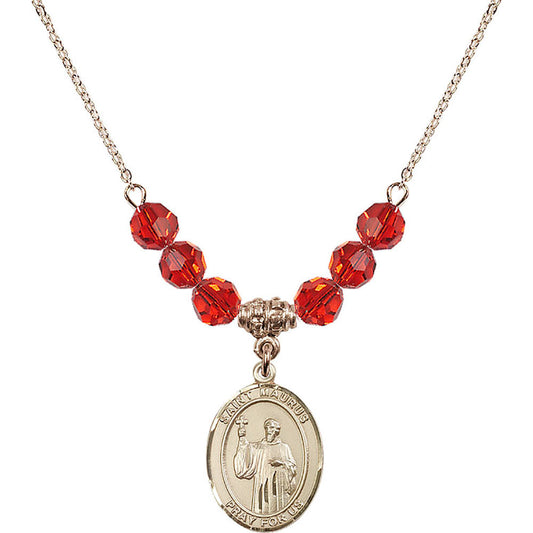14kt Gold Filled Saint Maurus Birthstone Necklace with Ruby Beads - 8241