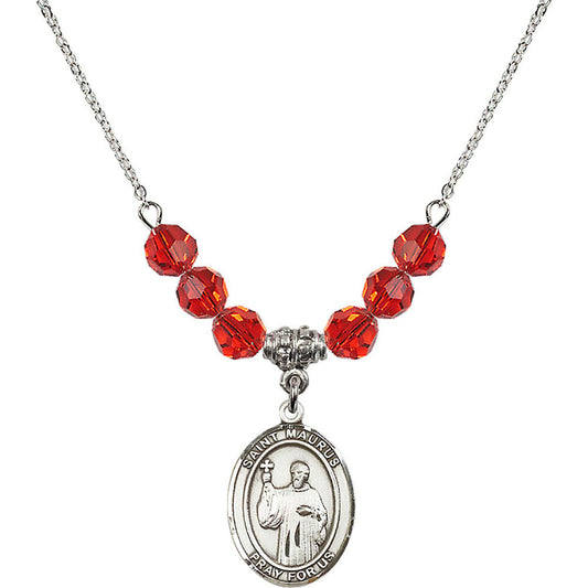 Sterling Silver Saint Maurus Birthstone Necklace with Ruby Beads - 8241
