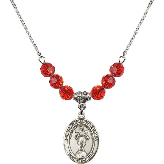 Sterling Silver Our Lady of All Nations Birthstone Necklace with Ruby Beads - 8242