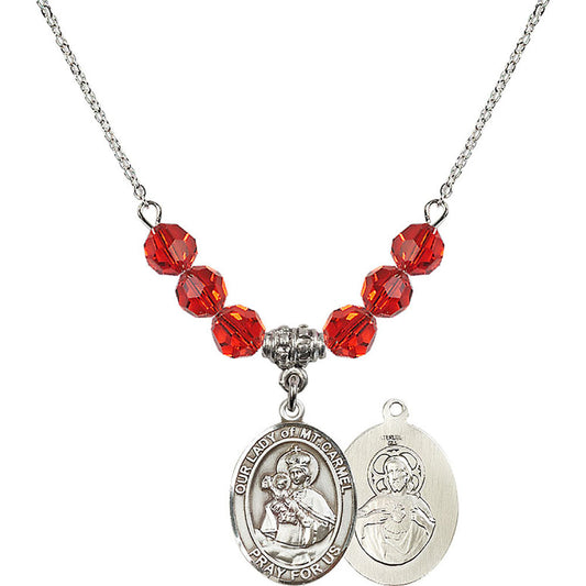 Sterling Silver Our Lady of Mount Carmel Birthstone Necklace with Ruby Beads - 8243