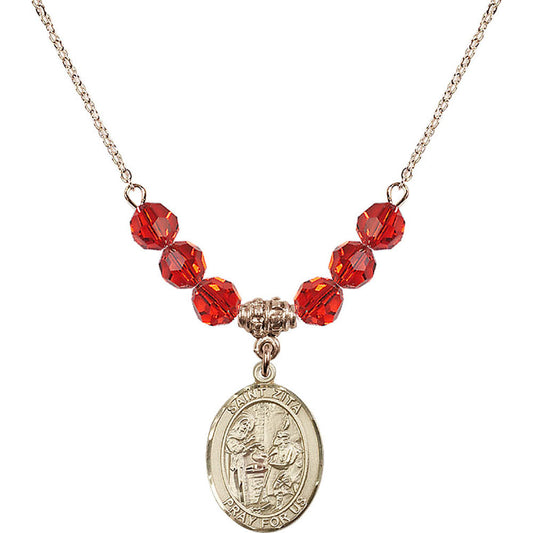 14kt Gold Filled Saint Zita Birthstone Necklace with Ruby Beads - 8244