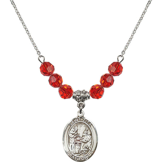 Sterling Silver Saint Zita Birthstone Necklace with Ruby Beads - 8244