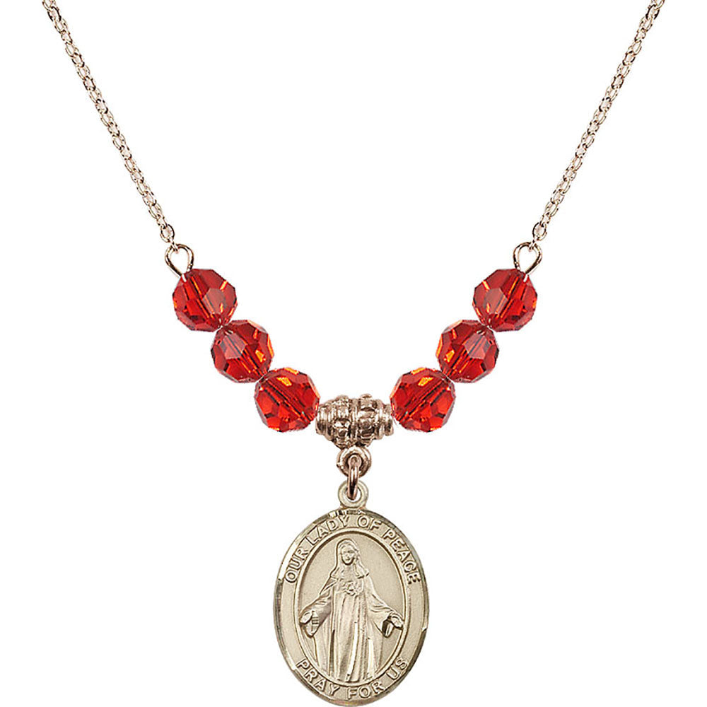 14kt Gold Filled Our Lady of Peace Birthstone Necklace with Ruby Beads - 8245
