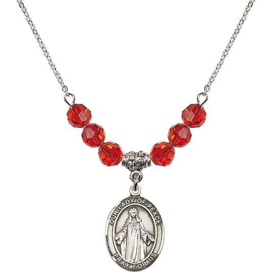 Sterling Silver Our Lady of Peace Birthstone Necklace with Ruby Beads - 8245