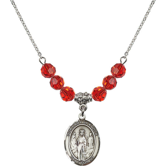 Sterling Silver Our Lady of Knock Birthstone Necklace with Ruby Beads - 8246