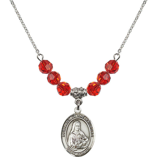Sterling Silver Our Lady of the Railroad Birthstone Necklace with Ruby Beads - 8247