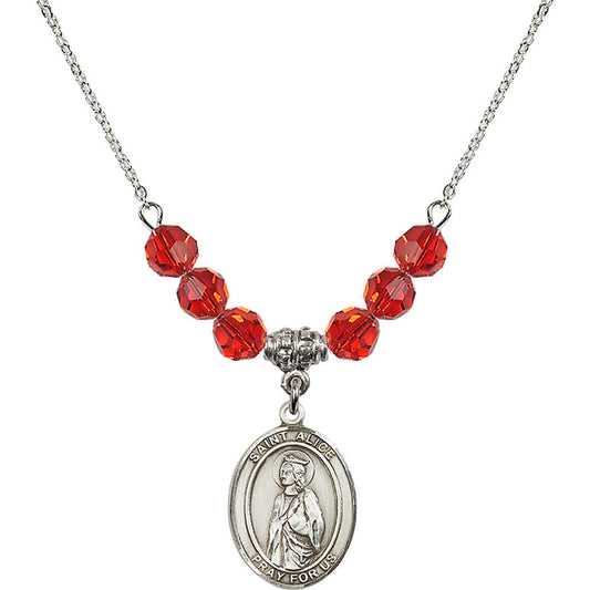 Sterling Silver Saint Alice Birthstone Necklace with Ruby Beads - 8248
