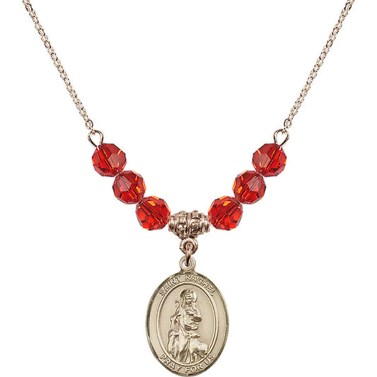 14kt Gold Filled Saint Rachel Birthstone Necklace with Ruby Beads - 8251
