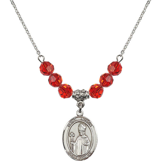 Sterling Silver Saint Austin Birthstone Necklace with Ruby Beads - 8256