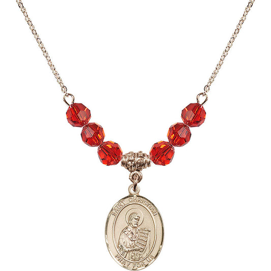 14kt Gold Filled Saint Christian Demosthenes Birthstone Necklace with Ruby Beads - 8257