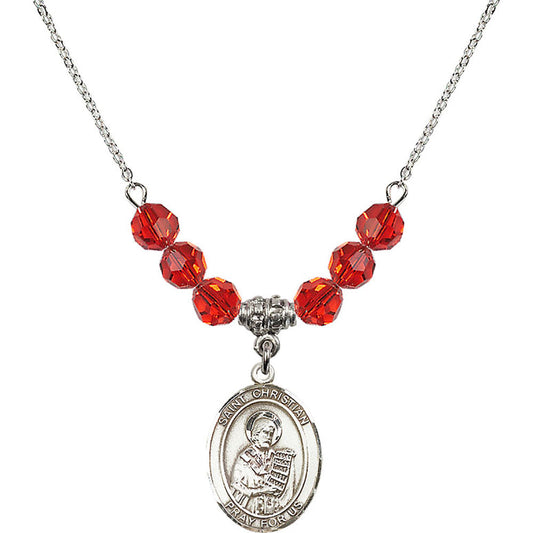 Sterling Silver Saint Christian Demosthenes Birthstone Necklace with Ruby Beads - 8257