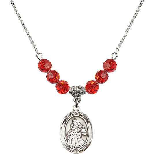 Sterling Silver Saint Isaiah Birthstone Necklace with Ruby Beads - 8258