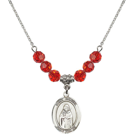 Sterling Silver Saint Samuel Birthstone Necklace with Ruby Beads - 8259