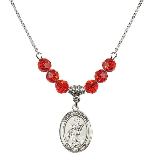 Sterling Silver Saint Tarcisius Birthstone Necklace with Ruby Beads - 8261