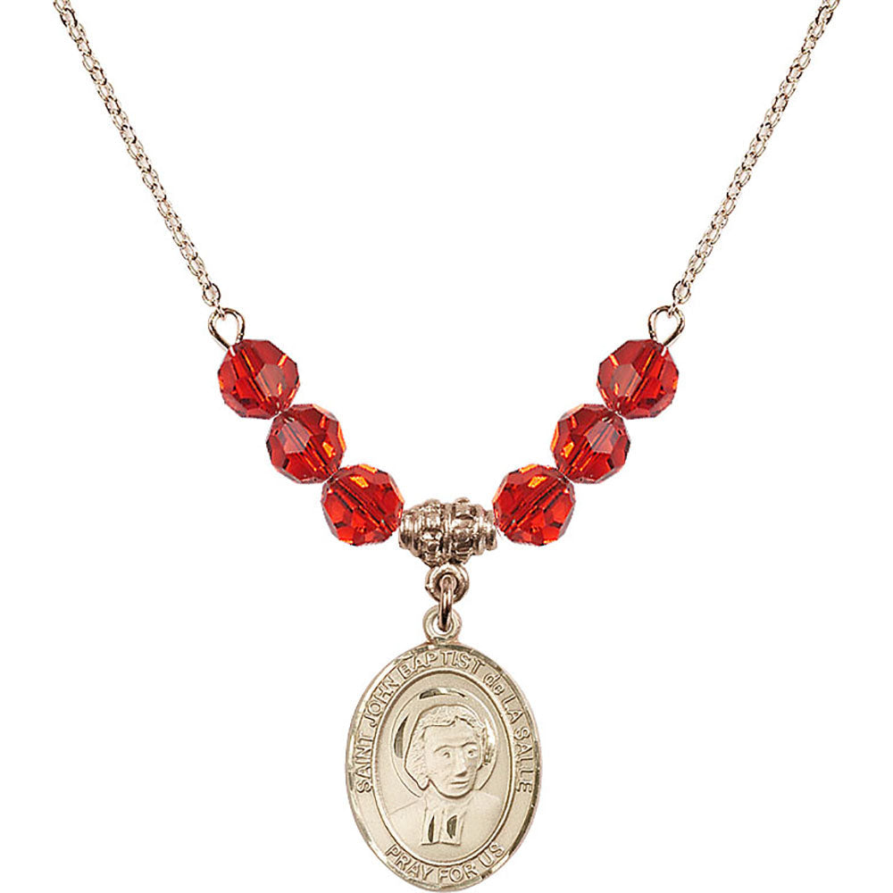 14kt Gold Filled Saint John Baptist de la Salle Birthstone Necklace with Ruby Beads - 8262