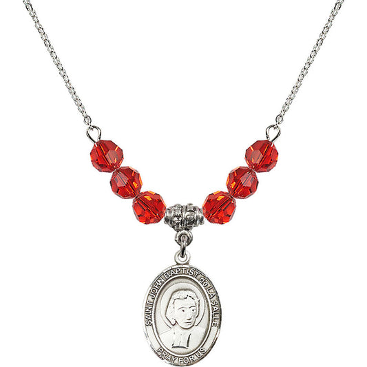 Sterling Silver Saint John Baptist de la Salle Birthstone Necklace with Ruby Beads - 8262