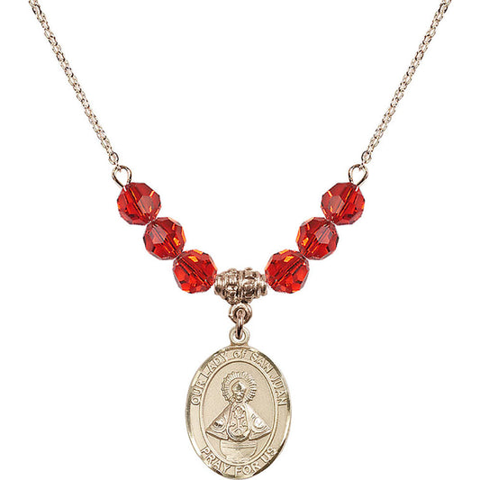 14kt Gold Filled Our Lady of San Juan Birthstone Necklace with Ruby Beads - 8263