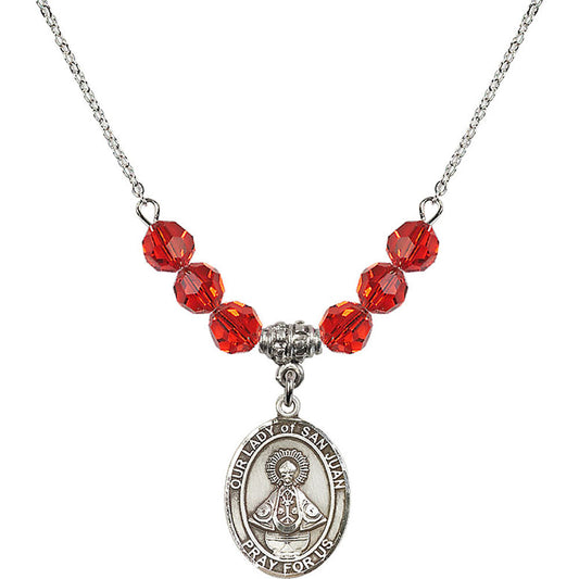 Sterling Silver Our Lady of San Juan Birthstone Necklace with Ruby Beads - 8263