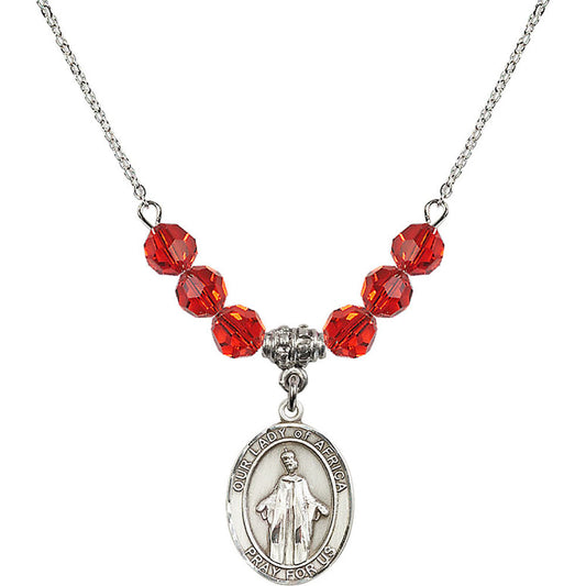 Sterling Silver Our Lady of Africa Birthstone Necklace with Ruby Beads - 8269