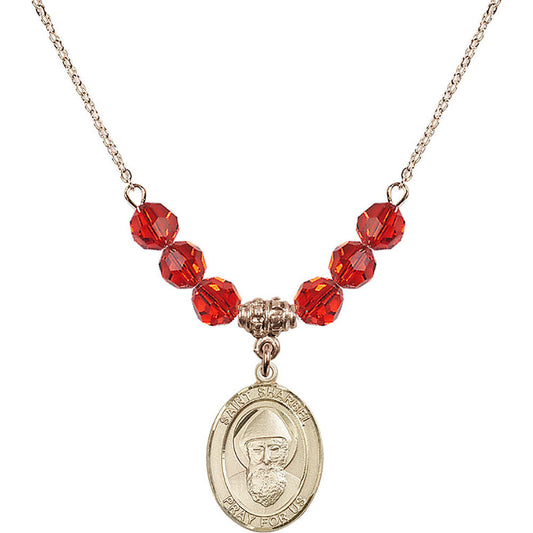 14kt Gold Filled Saint Sharbel Birthstone Necklace with Ruby Beads - 8271