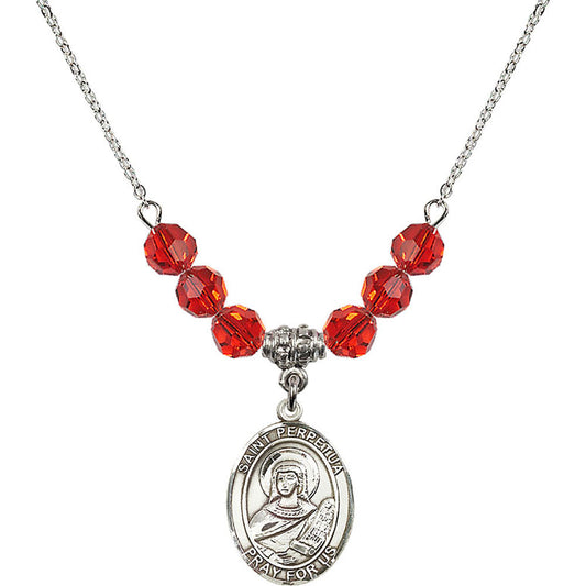 Sterling Silver Saint Perpetua Birthstone Necklace with Ruby Beads - 8272