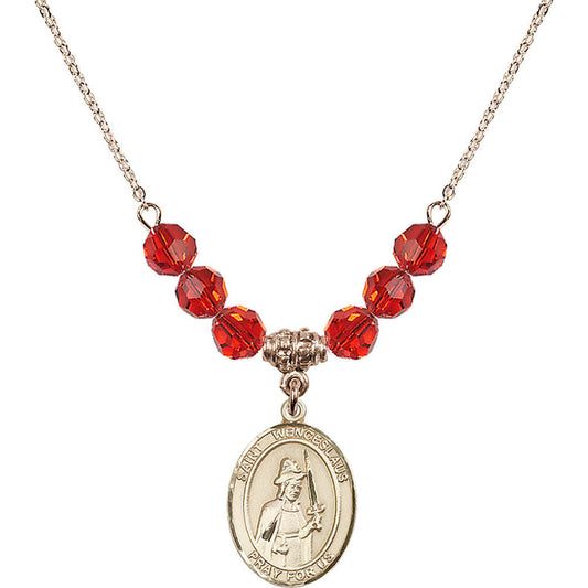 14kt Gold Filled Saint Wenceslaus Birthstone Necklace with Ruby Beads - 8273