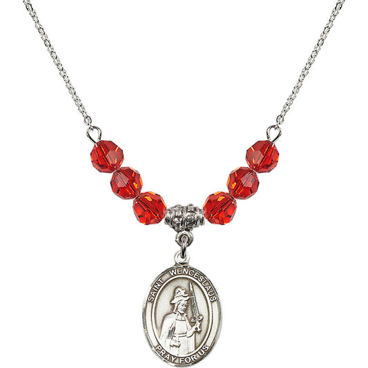 Sterling Silver Saint Wenceslaus Birthstone Necklace with Ruby Beads - 8273