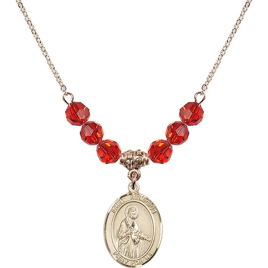 14kt Gold Filled Saint Remigius of Reims Birthstone Necklace with Ruby Beads - 8274