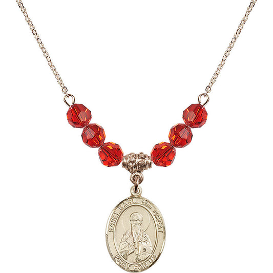 14kt Gold Filled Saint Basil the Great Birthstone Necklace with Ruby Beads - 8275