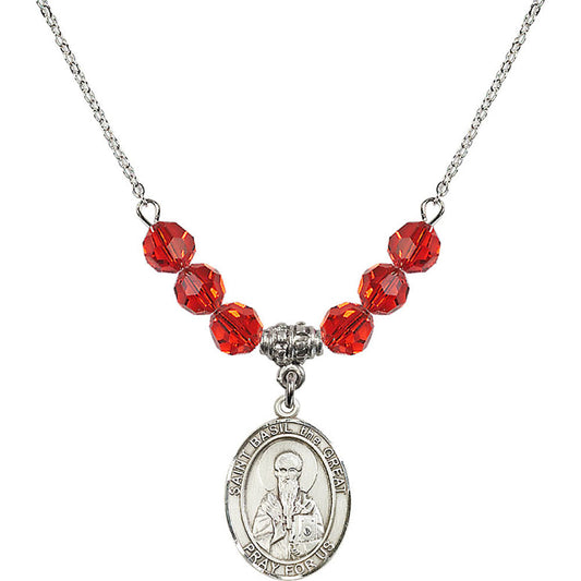 Sterling Silver Saint Basil the Great Birthstone Necklace with Ruby Beads - 8275
