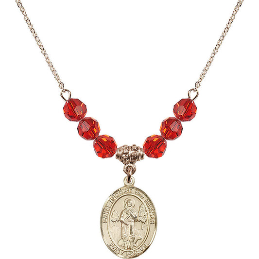 14kt Gold Filled Saint Isidore the Farmer Birthstone Necklace with Ruby Beads - 8276