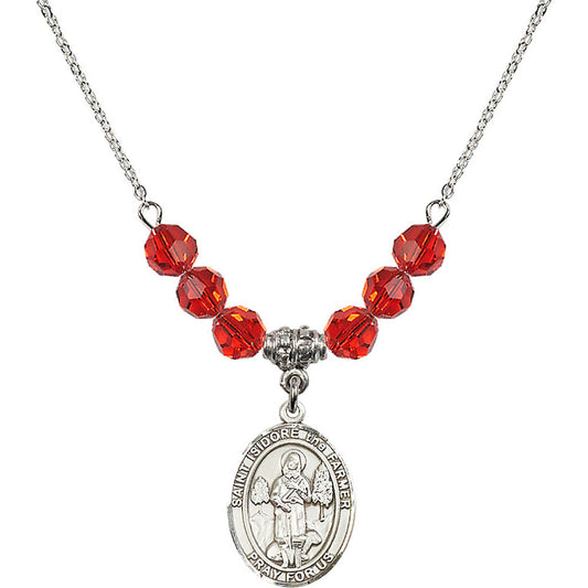 Sterling Silver Saint Isidore the Farmer Birthstone Necklace with Ruby Beads - 8276
