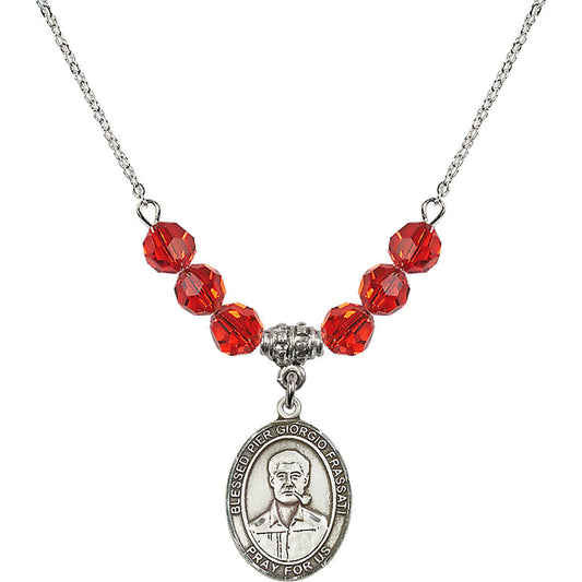 Sterling Silver Blessed Pier Giorgio Frassati Birthstone Necklace with Ruby Beads - 8278