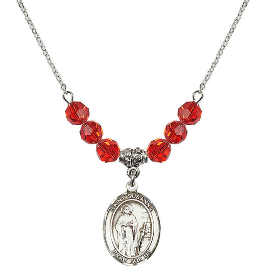 Sterling Silver Saint Susanna Birthstone Necklace with Ruby Beads - 8280