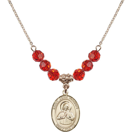 14kt Gold Filled Saint John Vianney Birthstone Necklace with Ruby Beads - 8282