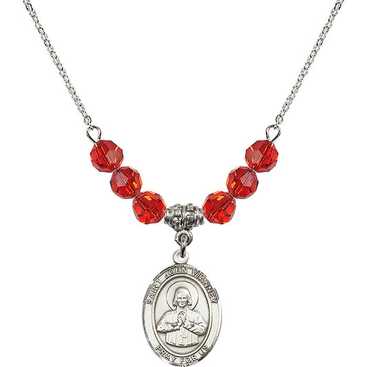 Sterling Silver Saint John Vianney Birthstone Necklace with Ruby Beads - 8282