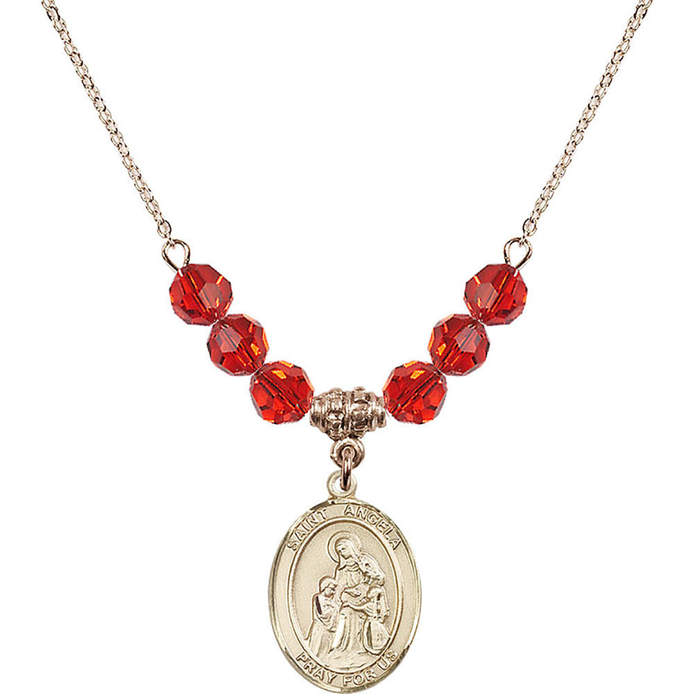14kt Gold Filled Saint Angela Merici Birthstone Necklace with Ruby Beads - 8284